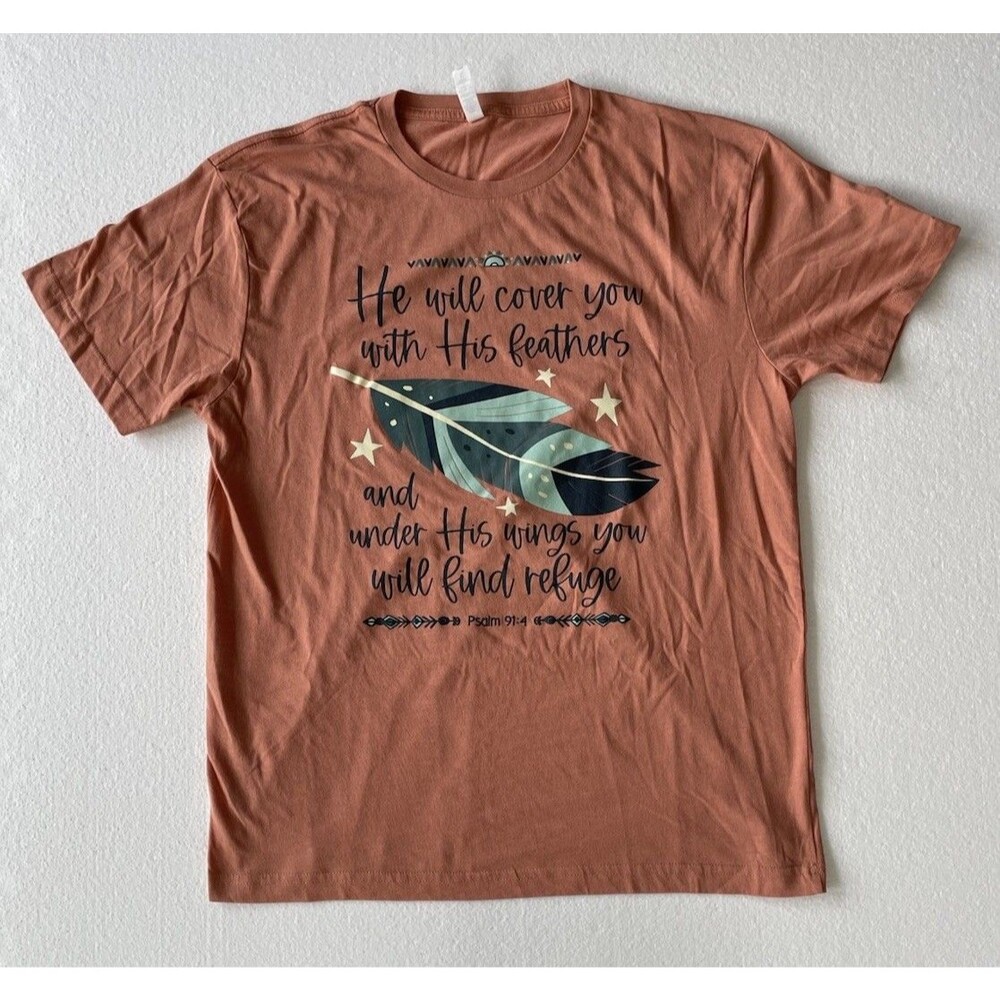 Love In Faith Women L Rust Graphic Tee He Will Cover You Feathers Psalm 91:4